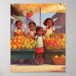 Poster Mercado de frutas caribenhas com crianças
