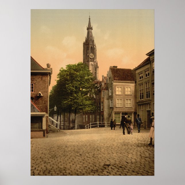 Póster Mercado do peixe e Nova Igreja, Delft, Países Baix (Frente)