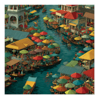 Póster Mercado Flutuante em Bangkok Tailândia Vintage