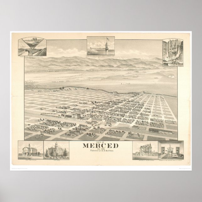 Póster Merced, CA. Mapa Panorâmico 1888 (1062A) (Frente)