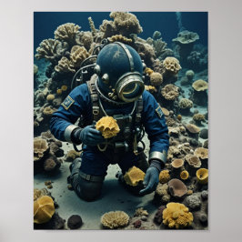 Poster Mergulhador de esponjas trabalhando no recife