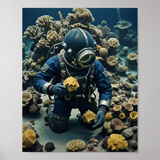 Poster Mergulhador de esponjas trabalhando no recife (Frente)