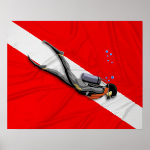 Poster Mergulhador e bandeira enrugada do mergulho