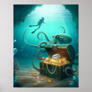 Poster Mergulhador encontra um tesouro guardado por uma c