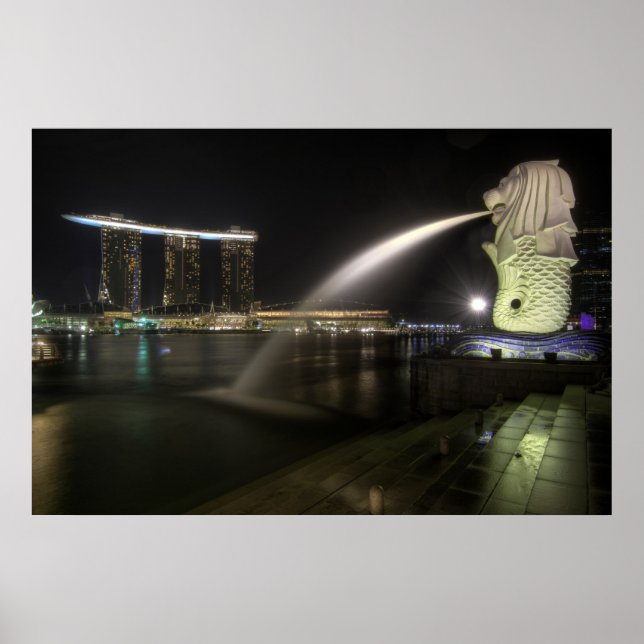 Póster Merlion ao longo do rio Cingapura Marina à noite (Frente)