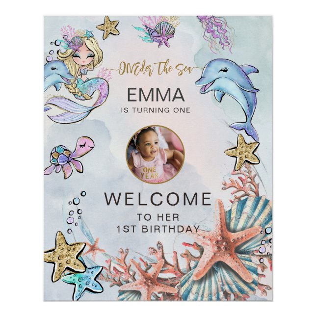 Póster Mermaid 1st Birthday Photo ONEder The Sea Welcome (Frente)