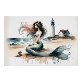 Póster Mermaid Lighthouse Coastal Watercolor Scene