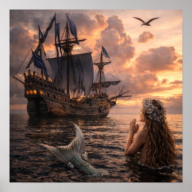Poster Mermaid Looking At A Sailing Ship (Frente)