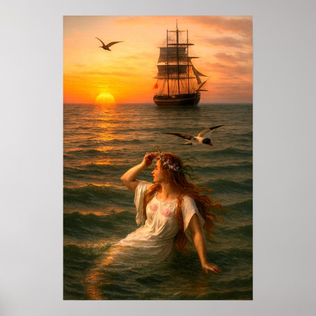 Poster Mermaid Looking At Sailing Ship At Sunset (Frente)