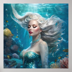 Poster Mermaid Silver Hair Turquoise Ocean