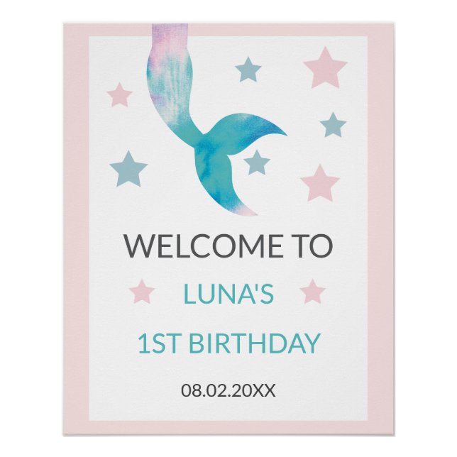 Póster Mermaid Under the Sea Pastel Girl Welcome Birthday (Frente)
