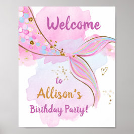 Poster Mermaid Watercolor Tail Pink Girl Aniversário Bem-