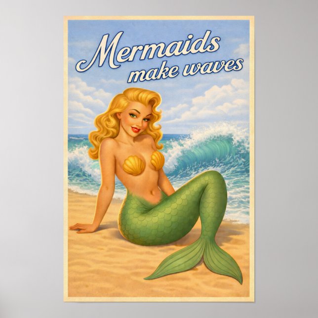 Poster Mermaids Make Waves Retro Pin-Up Coastal Beach Art (Frente)