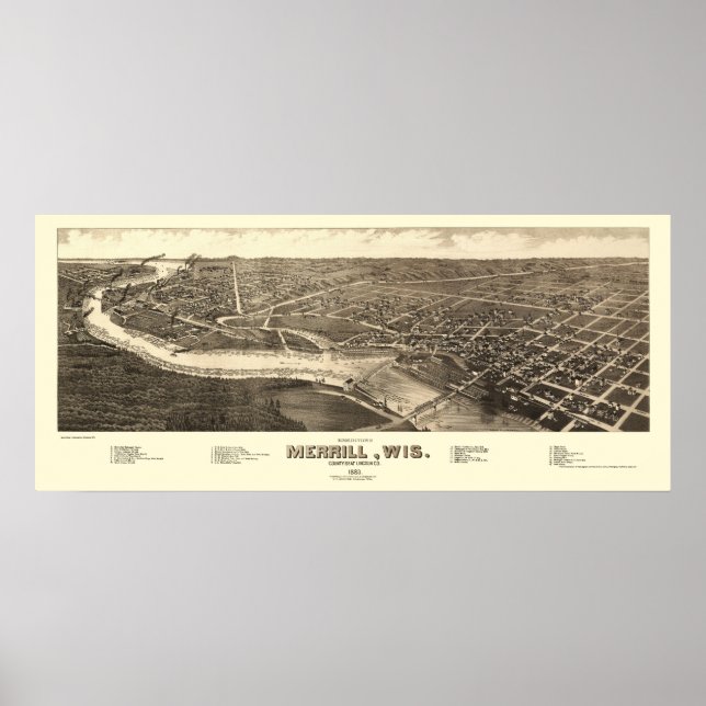 Póster Merrill, Mapa Panorâmico da WI - 1883 (Frente)
