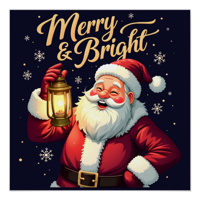 Póster Merry Bright Santa Holding Lantern Illustration (Frente)