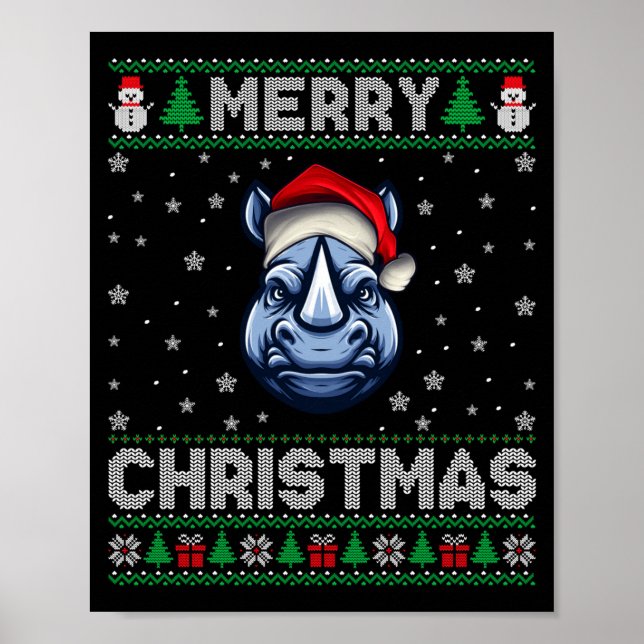 Poster Merry Christmas 2025 Rhino Santa Hat Ugly Xmas Lon (Frente)