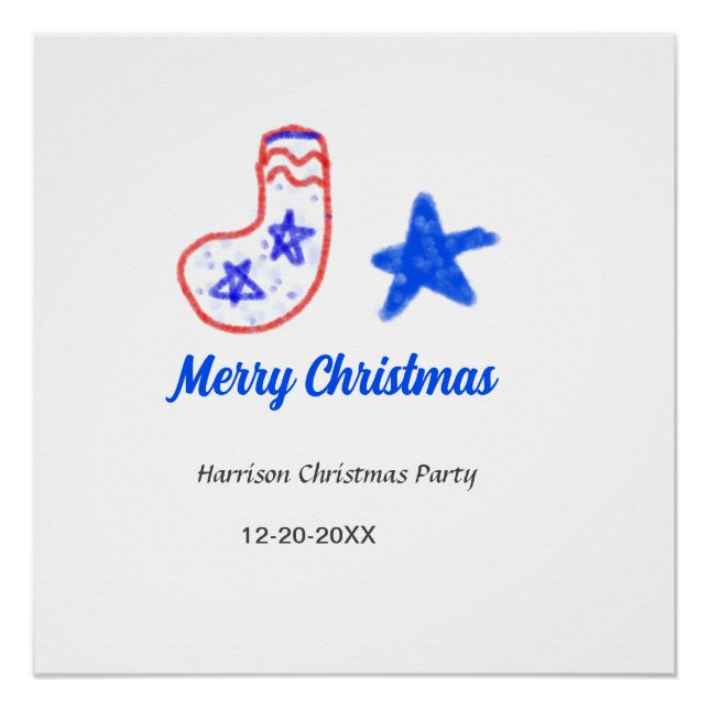 Póster Merry Christmas blue star red stockings name date  (Frente)