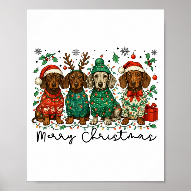 Poster Merry Christmas Dachshund Dog Retro Xmas Puppy Men (Frente)