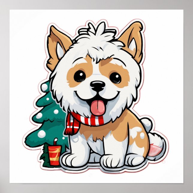 Poster Merry Christmas Dog With Coffee Cup | Cute Holiday (Frente)
