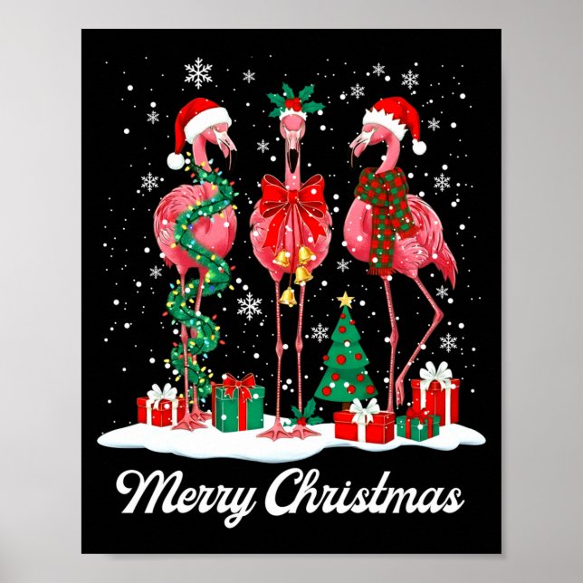 Poster Merry Christmas Flamingo Santa Hat Christmas Light (Frente)