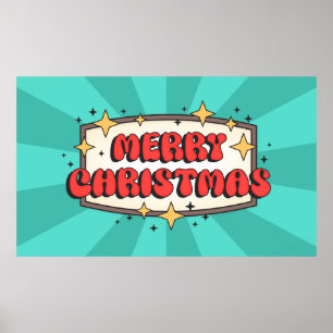Poster Merry christmas funky text, groovy retro cartoon
