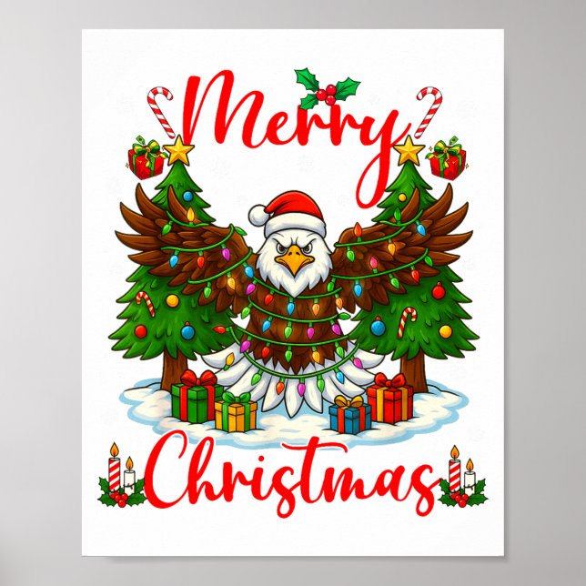Poster Merry Christmas Funny Bald Eagle Lover Xmas Lights (Frente)
