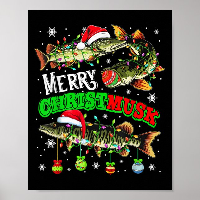 Poster Merry Christmas Musky Three Santa Muskies Fisher F (Frente)