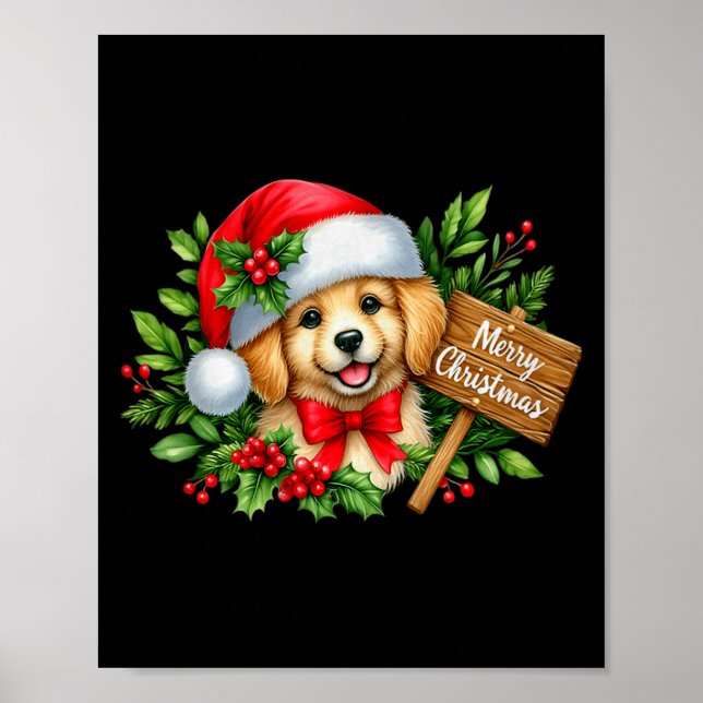 Poster Merry Christmas Puppy Santa Hat Holly Sign Premium (Frente)