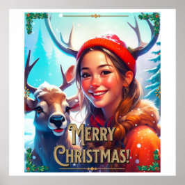 POSTER MERRY CHRISTMAS REINDEER COM GAROTA FELIZ