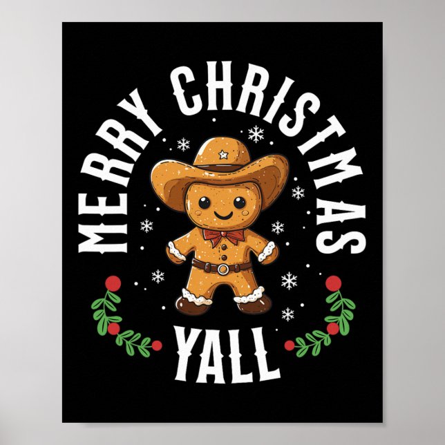 Poster Merry Christmas Yall Gingerbread Cowboy Howdy West (Frente)