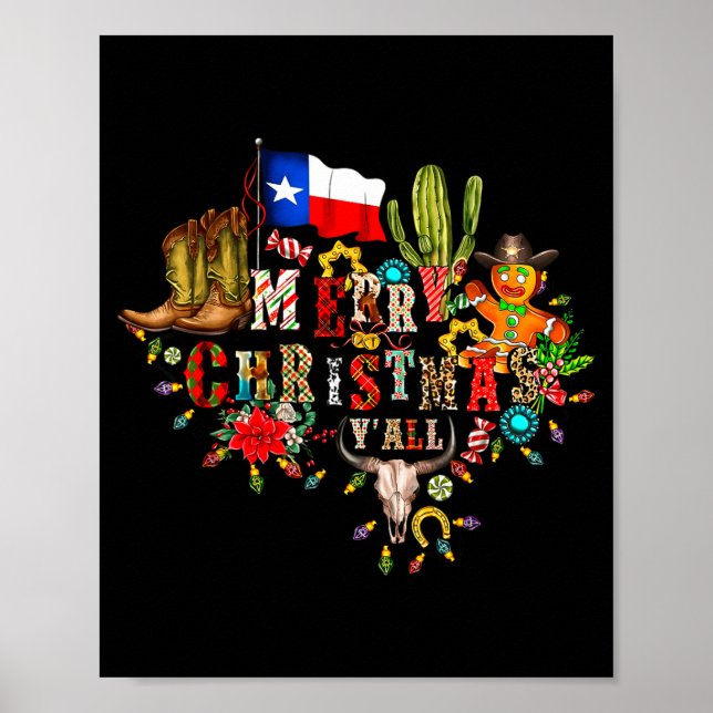 Poster Merry Christmas Y'all Texas Map Santa Hat Mens Wom (Frente)