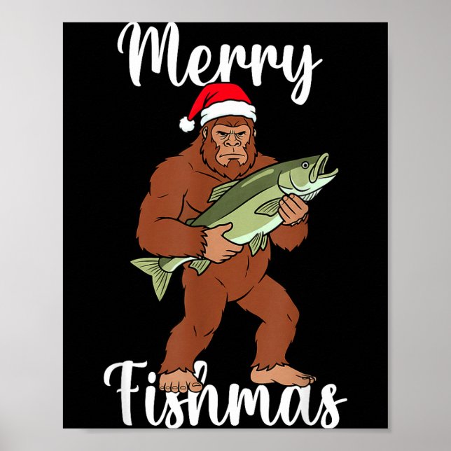 Poster Merry Fishmas Bigfoot Fishing Funny Sasquatch Sant (Frente)
