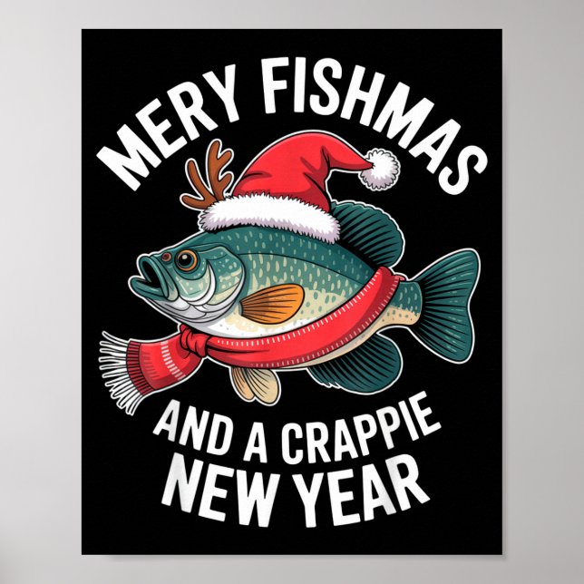 Poster Mery Fishmas And A Crape New Year Funny Fishing Ch (Frente)