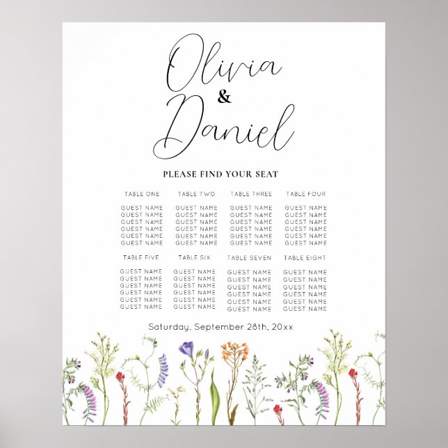 Poster Mesa Casamento 8 Flores Selvagens Floral (Frente)