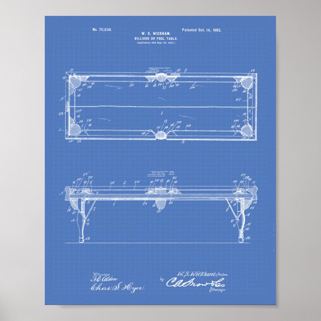 Póster Mesa da piscina 1902 - Arte patenteada - Blueprint (Frente)