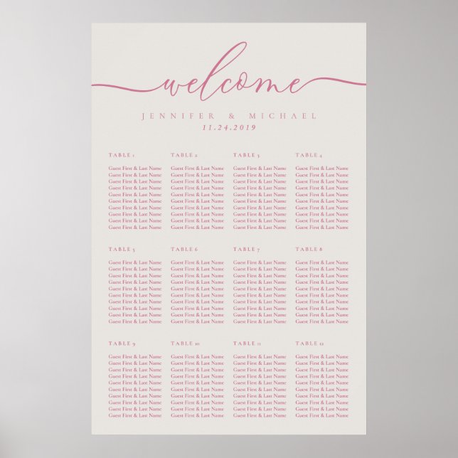 Poster Mesa de Assento de Casamento Simples Creme Rosa Do (Frente)
