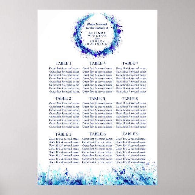 Póster Mesa de assentos de casamento de arte azul 1-9 mes (Frente)
