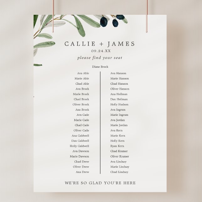 Poster Mesa de Banquete de Oliveira Moderna Carta de Asse (Modern Olive Banquet Table Wedding Seating Chart)