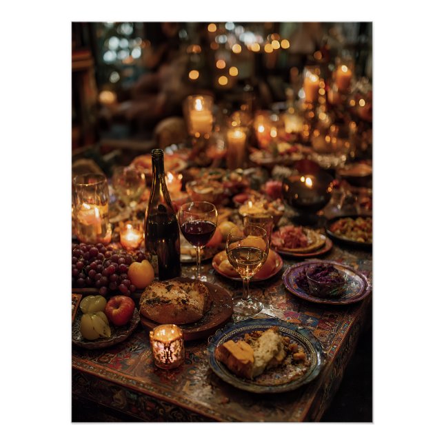 Póster Mesa de Banquete de Vinho Tinto Ornamentada (Frente)