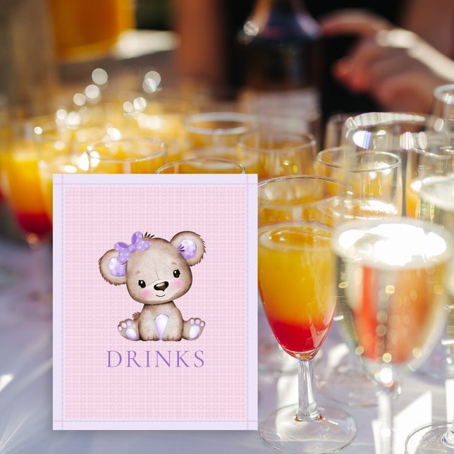 Poster Mesa de Bebidas Menina Fofa Urso Roxo Chá de Bebê (Criador carregado)
