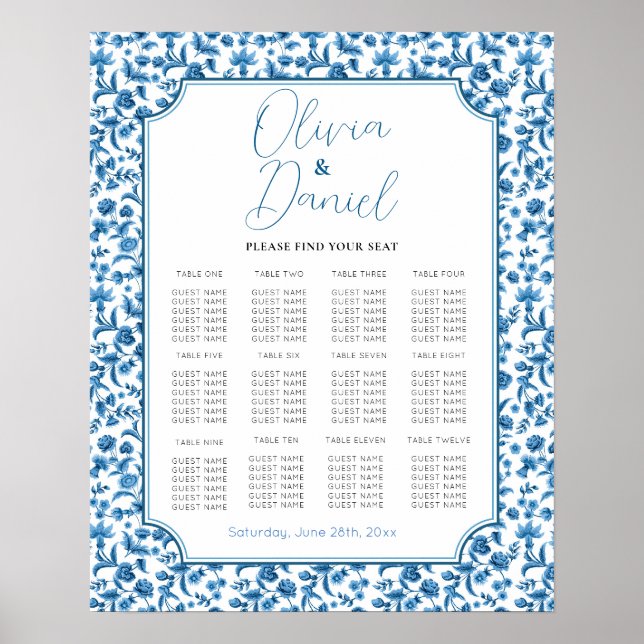 Poster Mesa De Casamento 12 Chintz Blue White Floral (Frente)