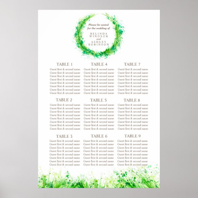 Póster Mesa de Casamento Verde Planner 1-9 mesas (Frente)