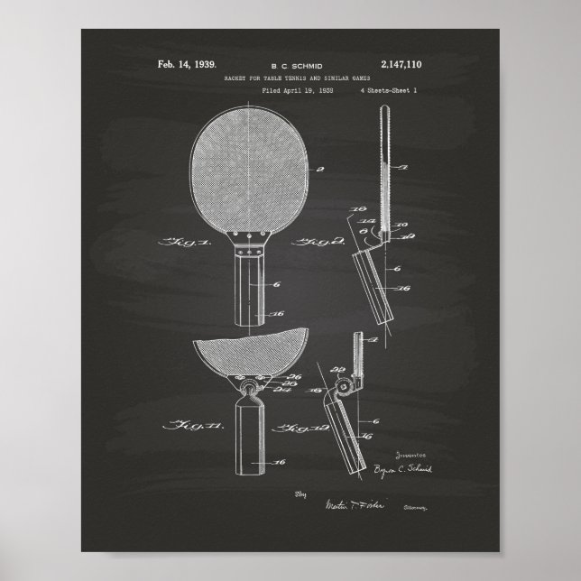 Poster Mesa de Racket Tênis de 1939, arte patenteada - qu (Frente)