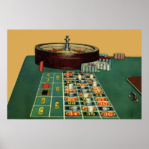 Poster Mesa de Roleta de Cassino Vintage, Fichas de Jogo