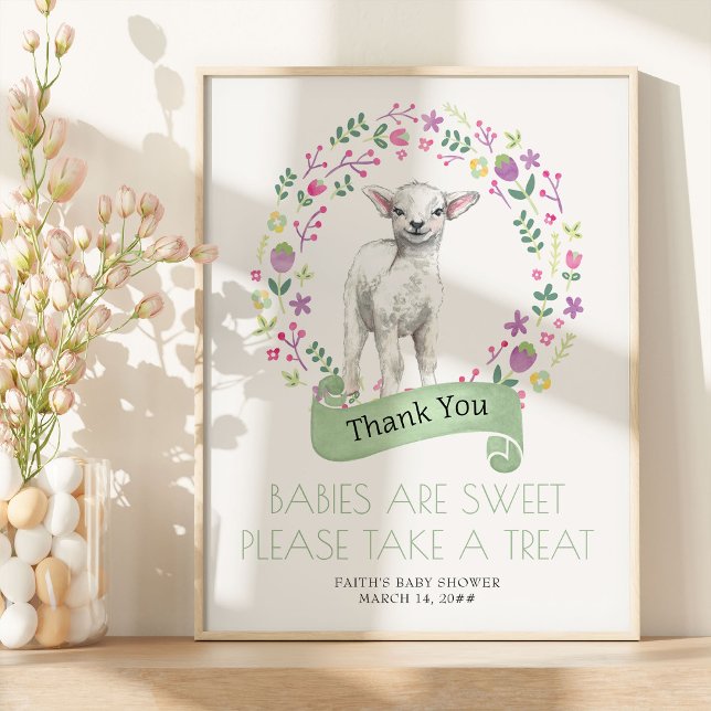 Poster Mesa Favorável do Chá de fraldas de Lâmpada (Spring Lamb Favor Table Sign from my Little Bunny & Little Lamb Baby Shower collection)