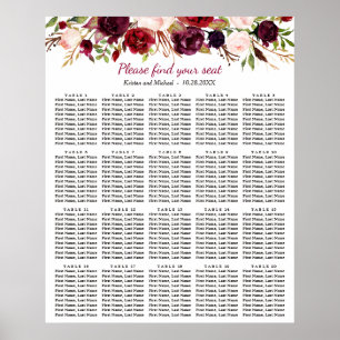 Poster Mesas florais de Borgonha 20 que Wedding a carta