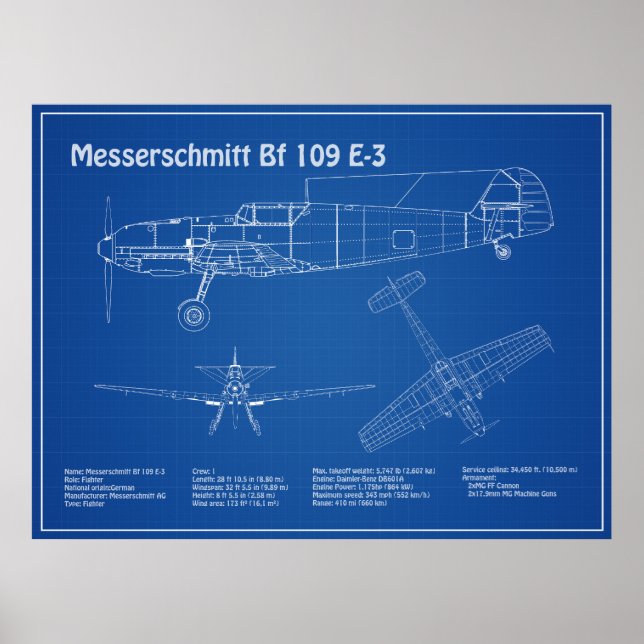 Poster Messerschmitt Bf 109 - Airplane Blueprint AD (Frente)