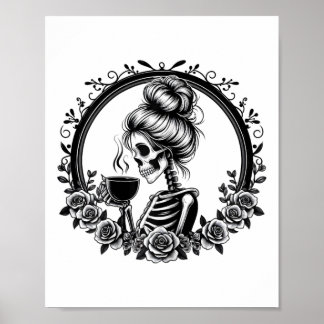 Poster Messy Bun Skeleton Bebendo Café Vintage Hallowe