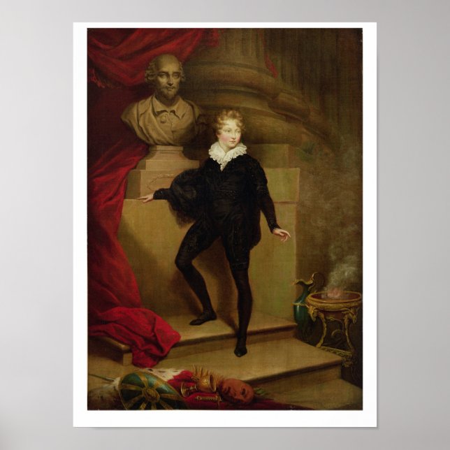 Póster Mestre Betty como Hamlet antes de um busto de Shak (Frente)