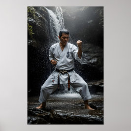 Poster Mestre de Karate Executando Kata Sob Cachoeira